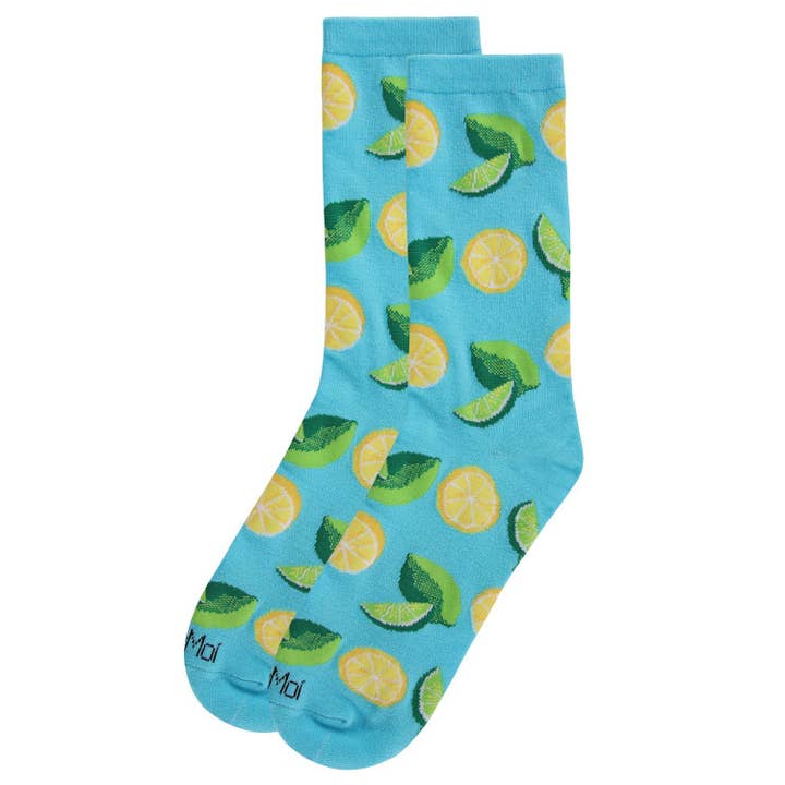 Women's Bamboo Crew Socks Turquoise when Life Gives You Lemons