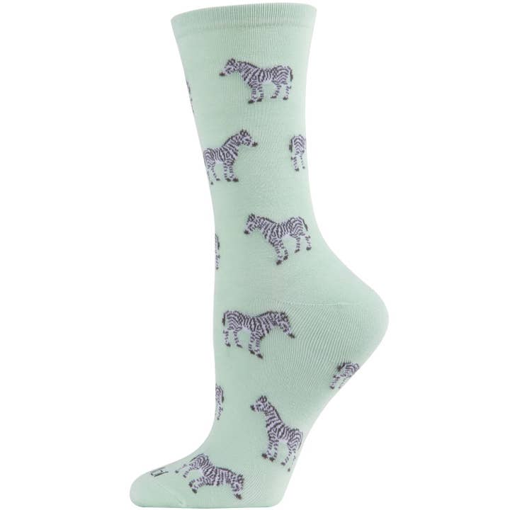 Women's Bamboo Crew Socks Mint Zebras