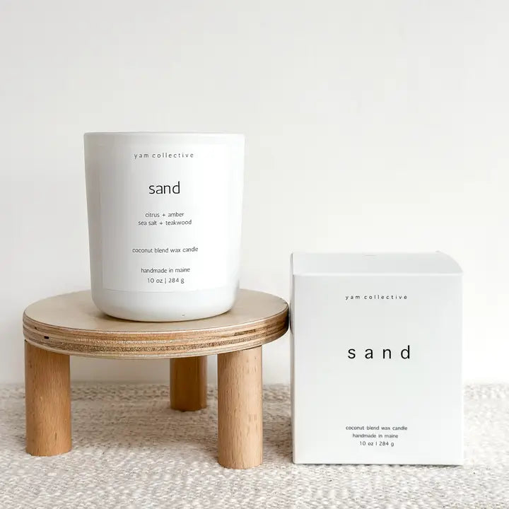 Sand - Amber + Teakwood Matte White Glass Candle