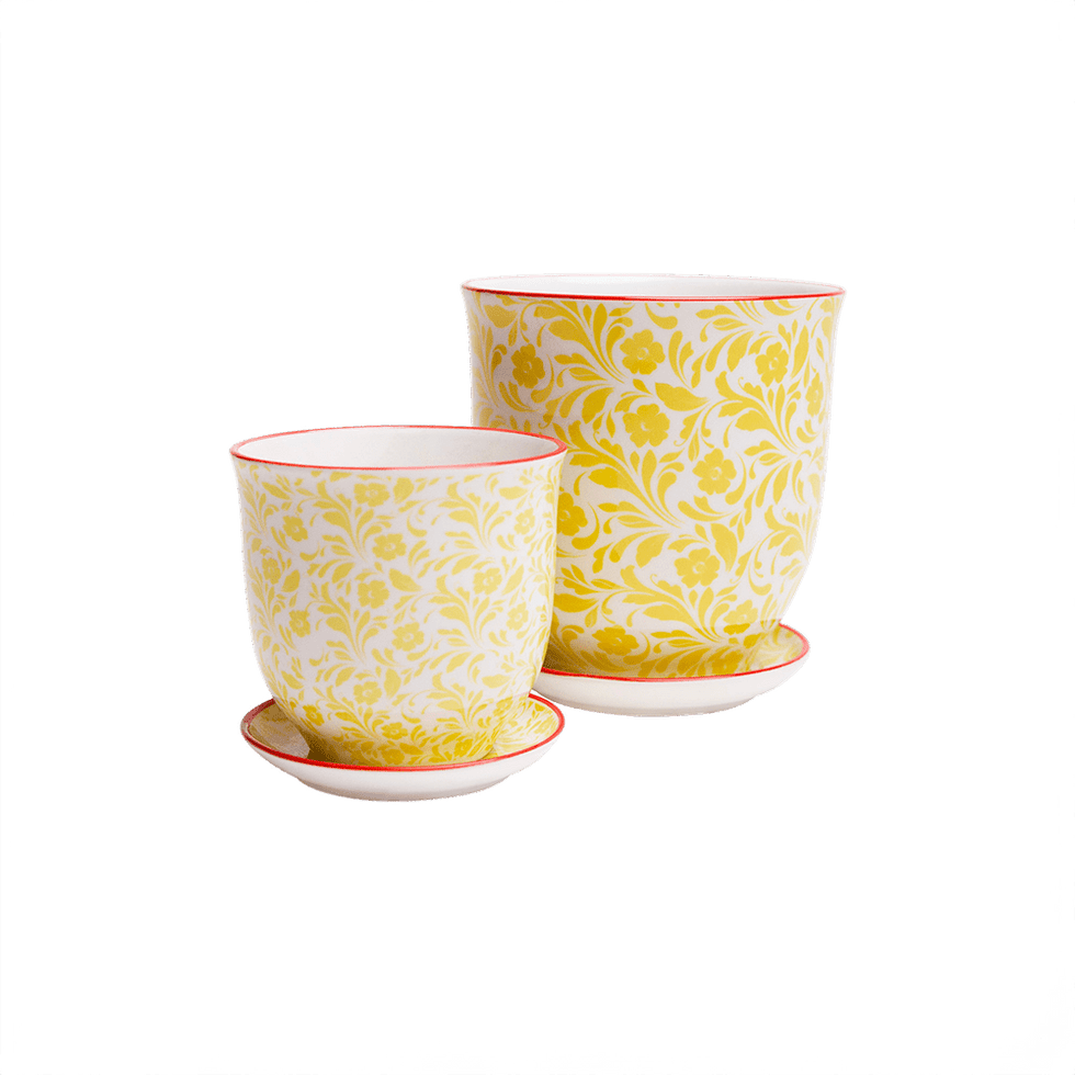 Liberte 4, 4.25" Pot & Saucer - Yellow Flowers