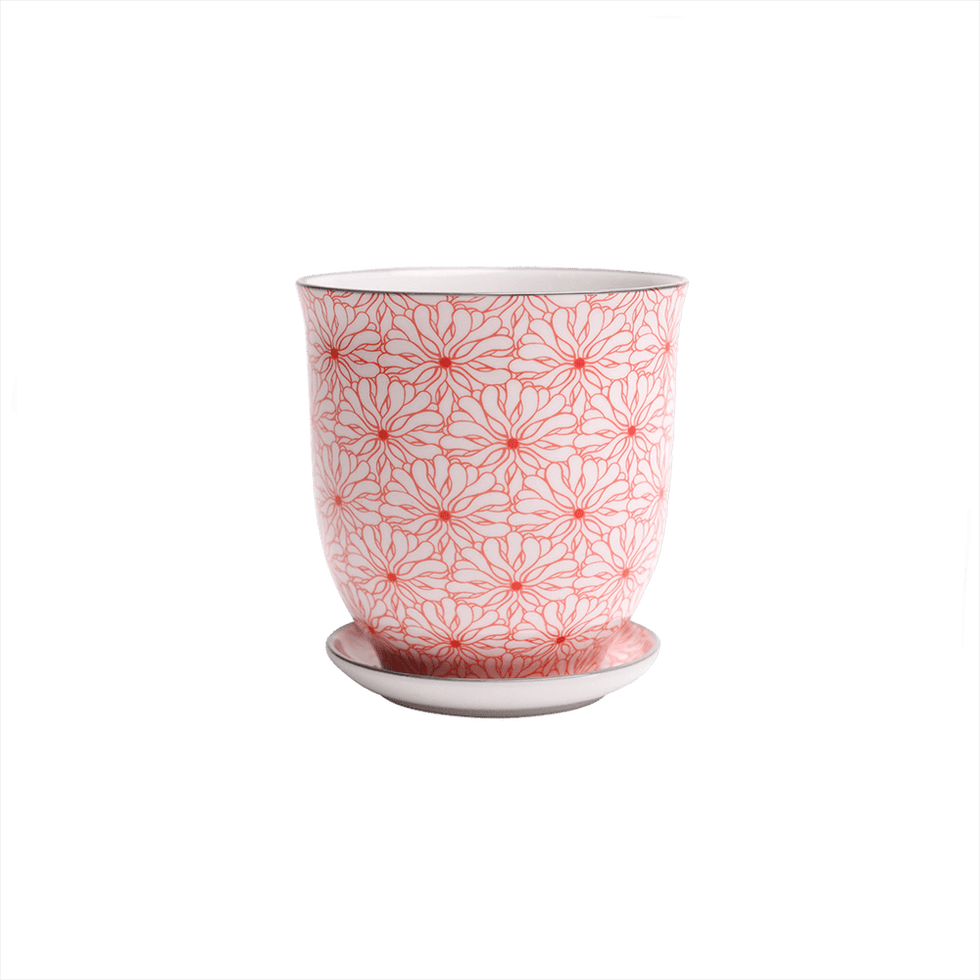 Liberte 3, 4.25" Pot & Saucer - Red Flowers