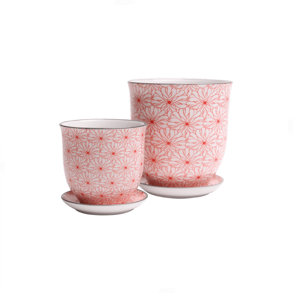 Liberte 3, 4.25" Pot & Saucer - Red Flowers