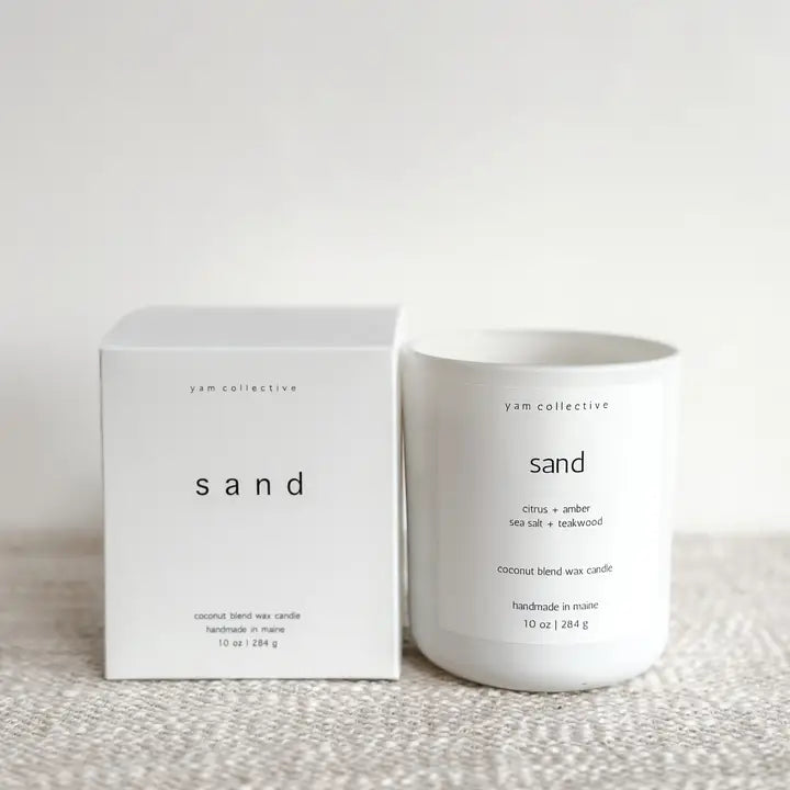 Sand - Amber + Teakwood Matte White Glass Candle