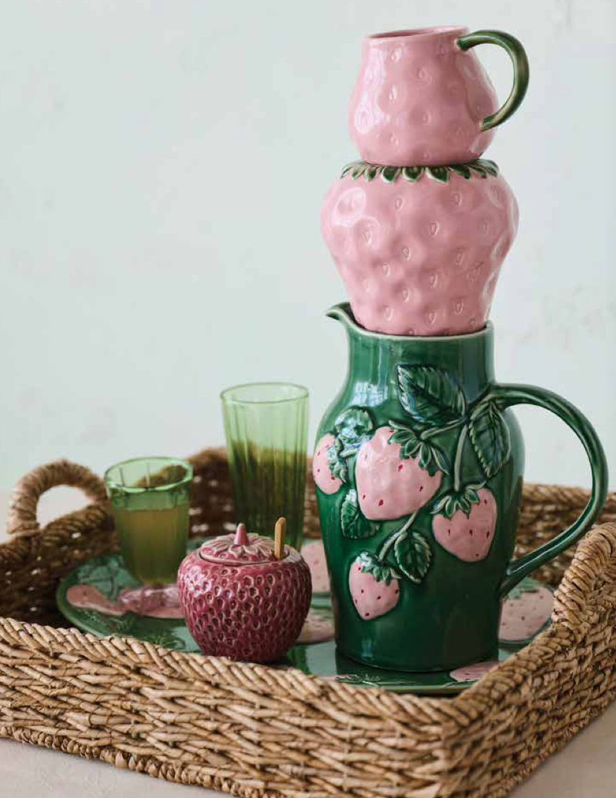 Strawberry Shaped Stoneware Jar with Lid & Bamboo Spoon – 6oz