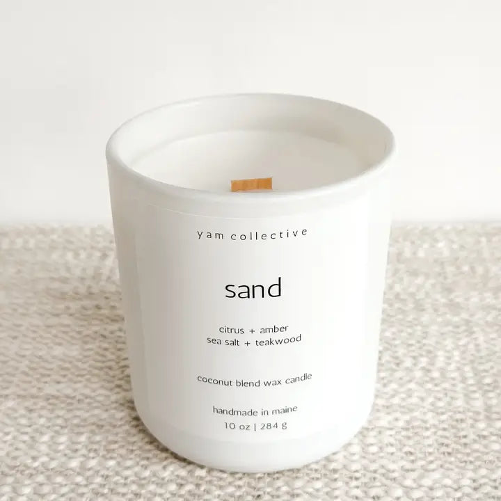 Sand - Amber + Teakwood Matte White Glass Candle