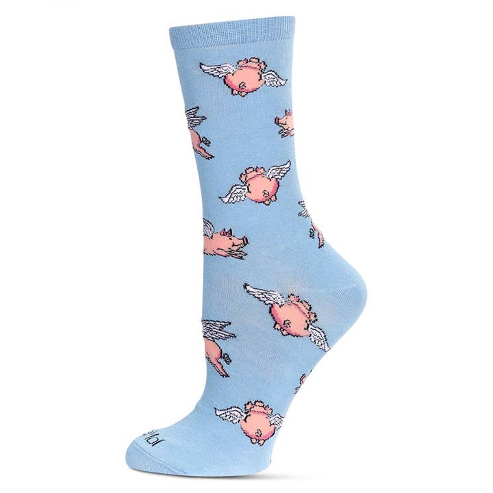 Women's Bamboo Crew Socks Light Blue Flying Pigs