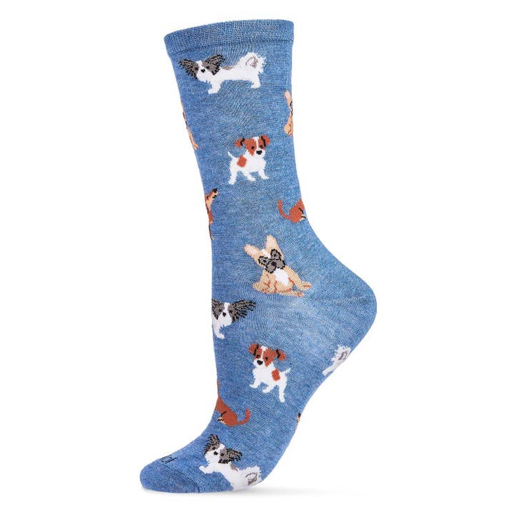 Women's Bamboo Crew Socks Denim Heather Puppy Love