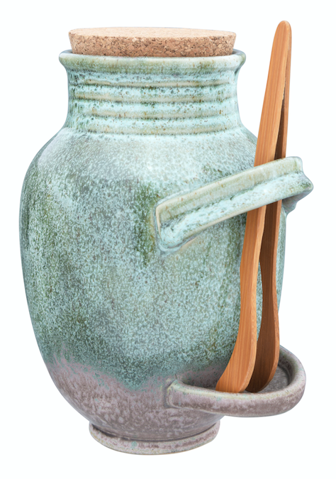 Vintage Reproduction Olive Jar w/ Cork Lid & Wood Tongs Reactive Glaze Sage