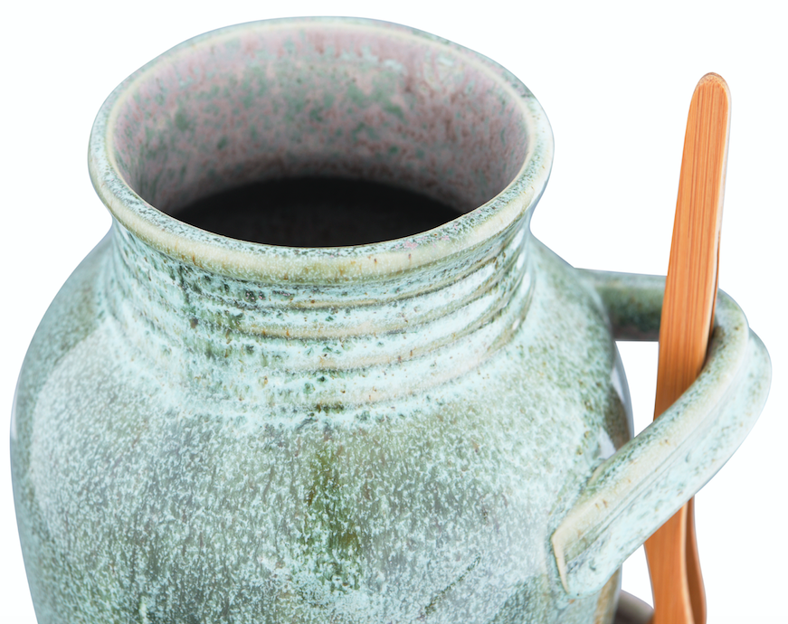 Vintage Reproduction Olive Jar w/ Cork Lid & Wood Tongs Reactive Glaze Sage