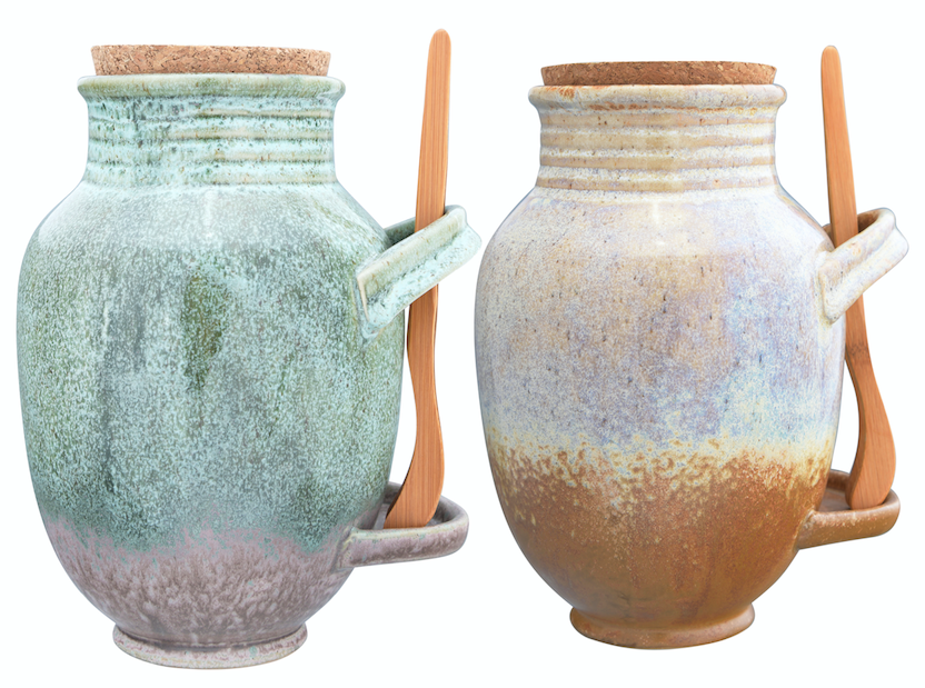 Vintage Reproduction Olive Jar w/ Cork Lid & Wood Tongs Reactive Glaze Sage