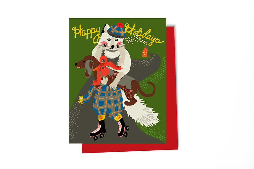 Strolling Plaid Fox Happy Holiday Card