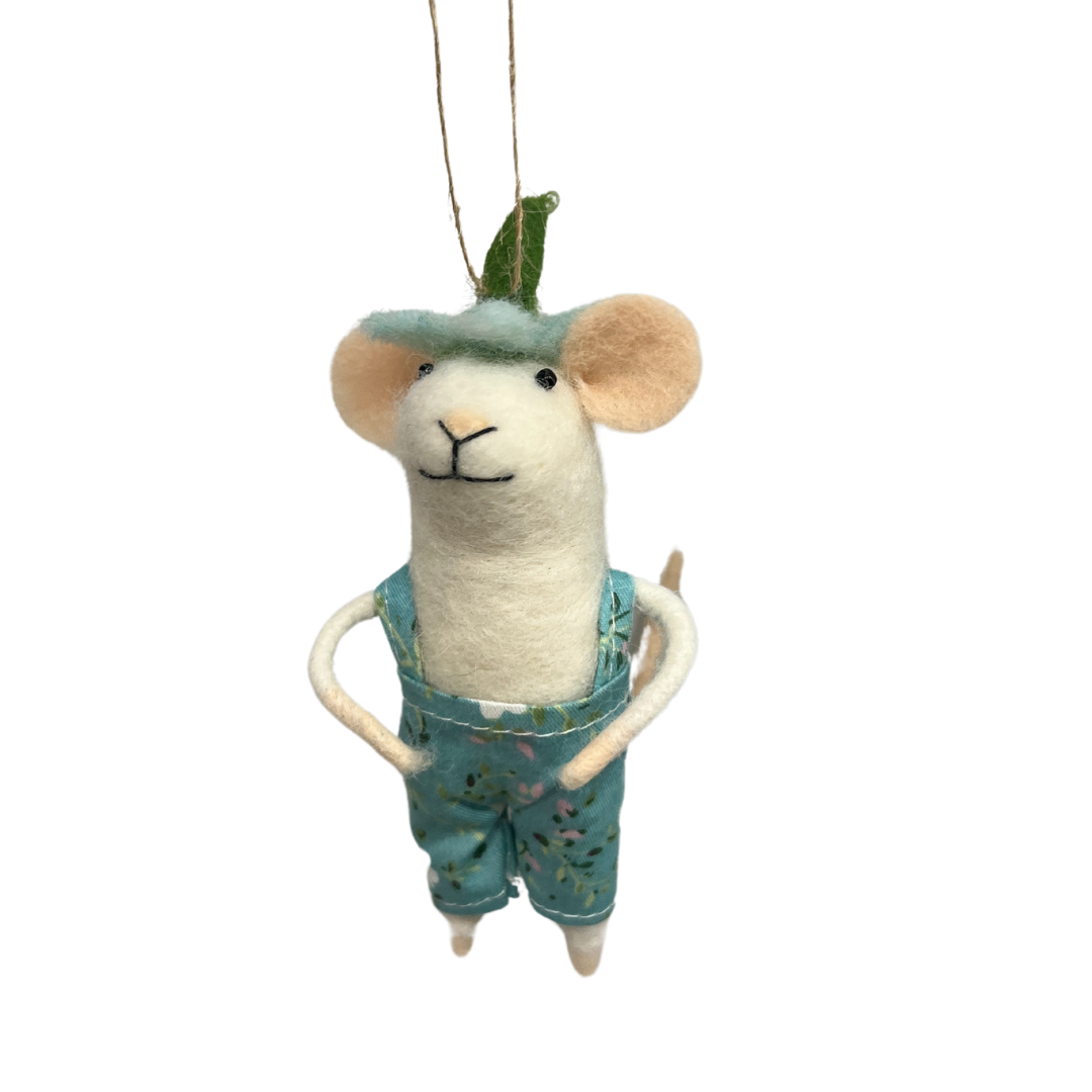 Felt Mouse Ornament In Spring Floral Print Overalls And Floral Hat