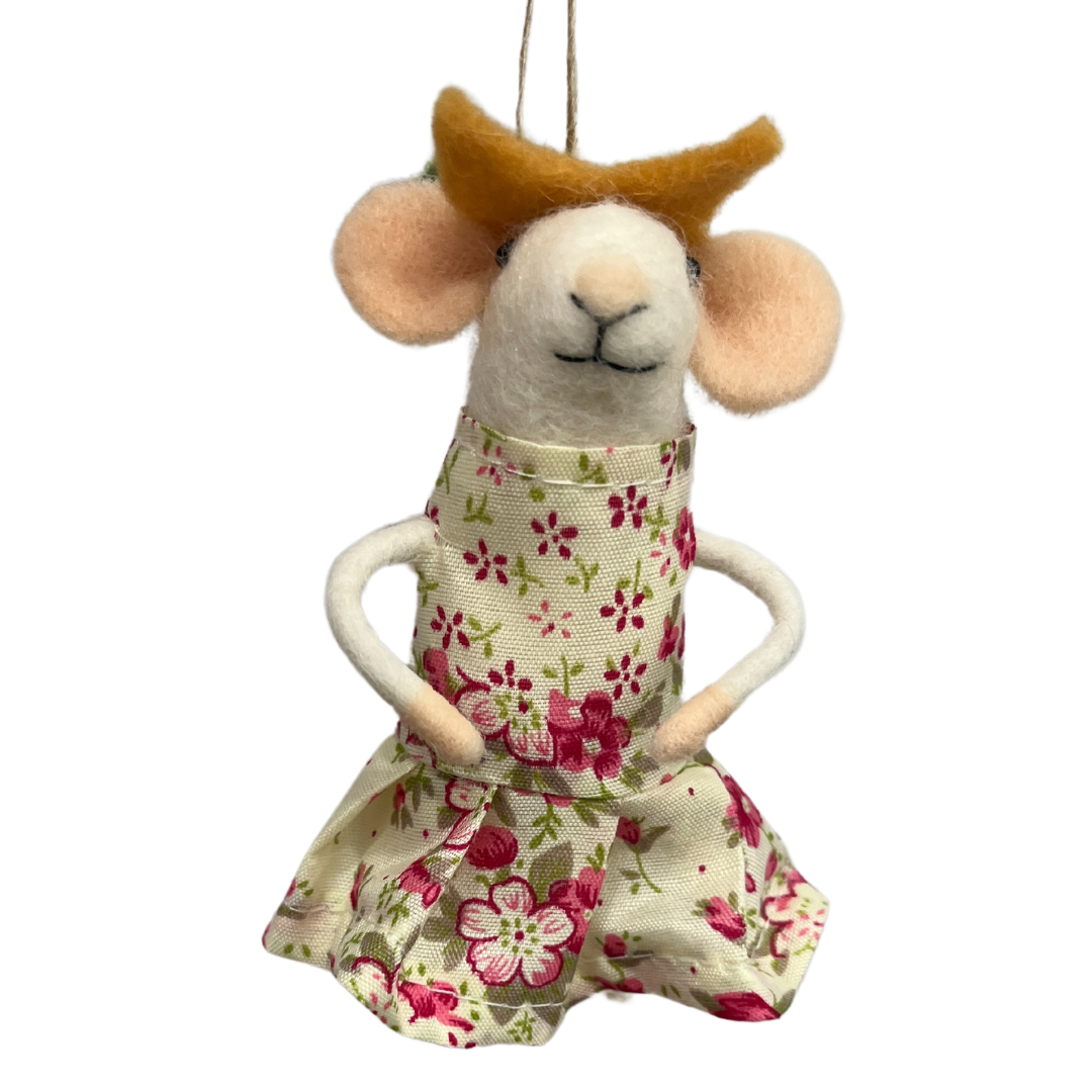 Felt Mouse Ornament In Spring Floral Print Dress And Floral Hat