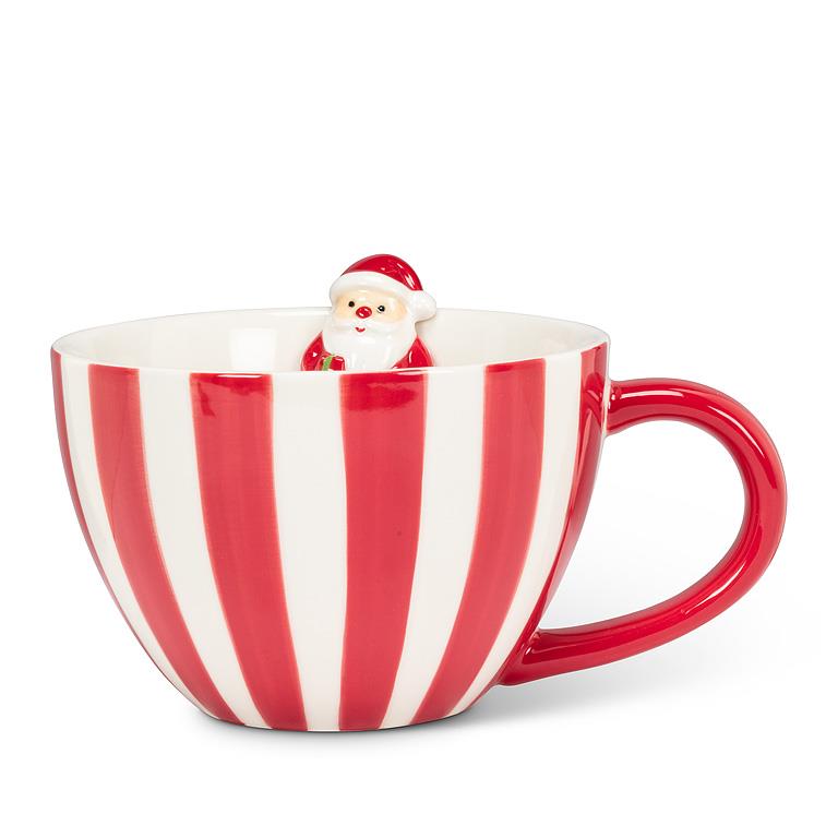 Holiday Striped Mug with Santa Figurine