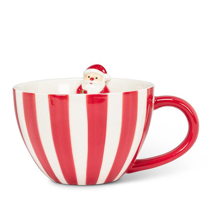 Holiday Striped Mug with Santa Figurine