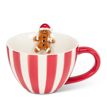 Holiday Striped Mug with Gingerbread Man Figurine