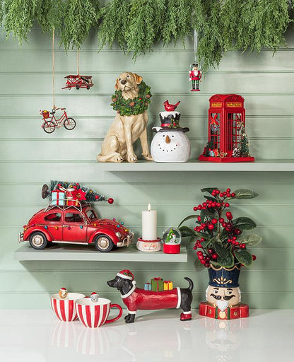 Holiday Striped Mug with Dog Figurine