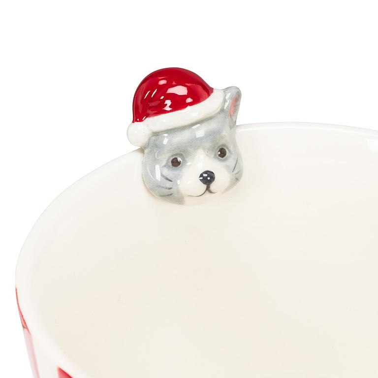 Holiday Striped Mug with Cat Figurine