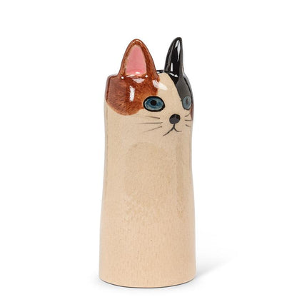 Tall Brown + Cream Cat Vase