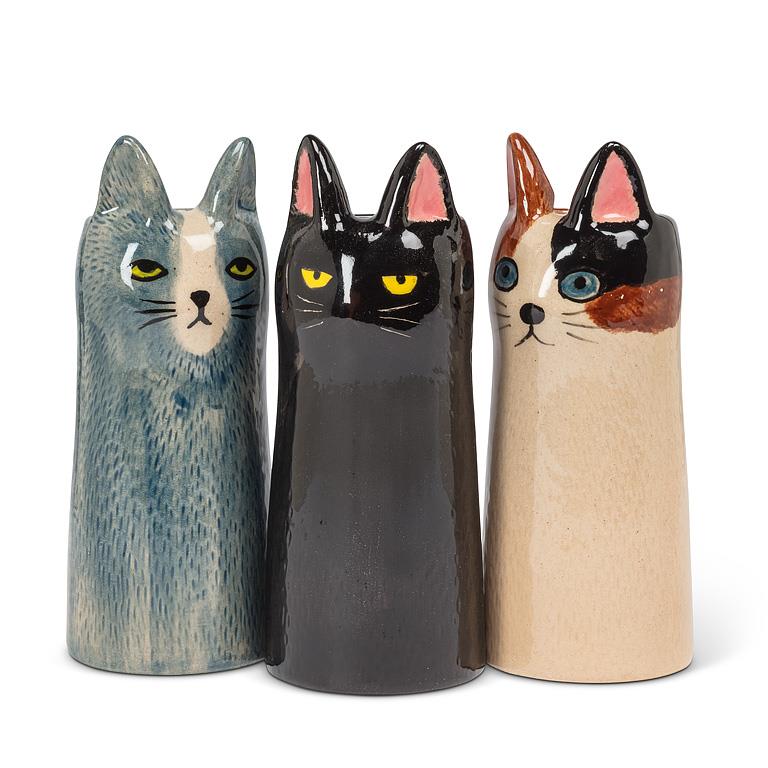 Tall Brown + Cream Cat Vase