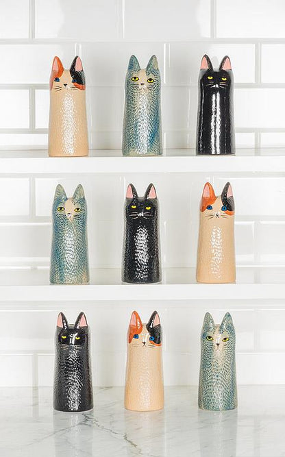Tall Brown + Cream Cat Vase
