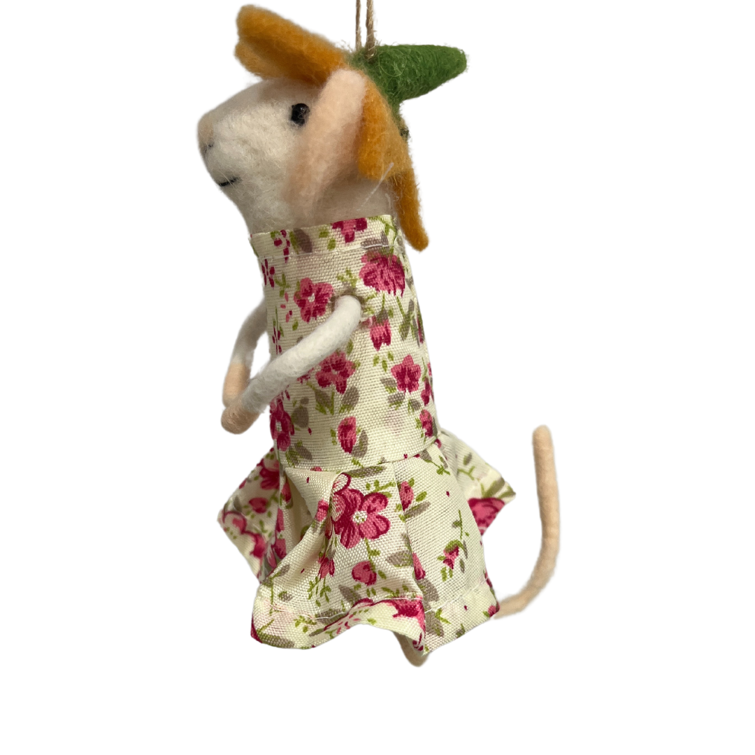 Felt Mouse Ornament In Spring Floral Print Dress And Floral Hat