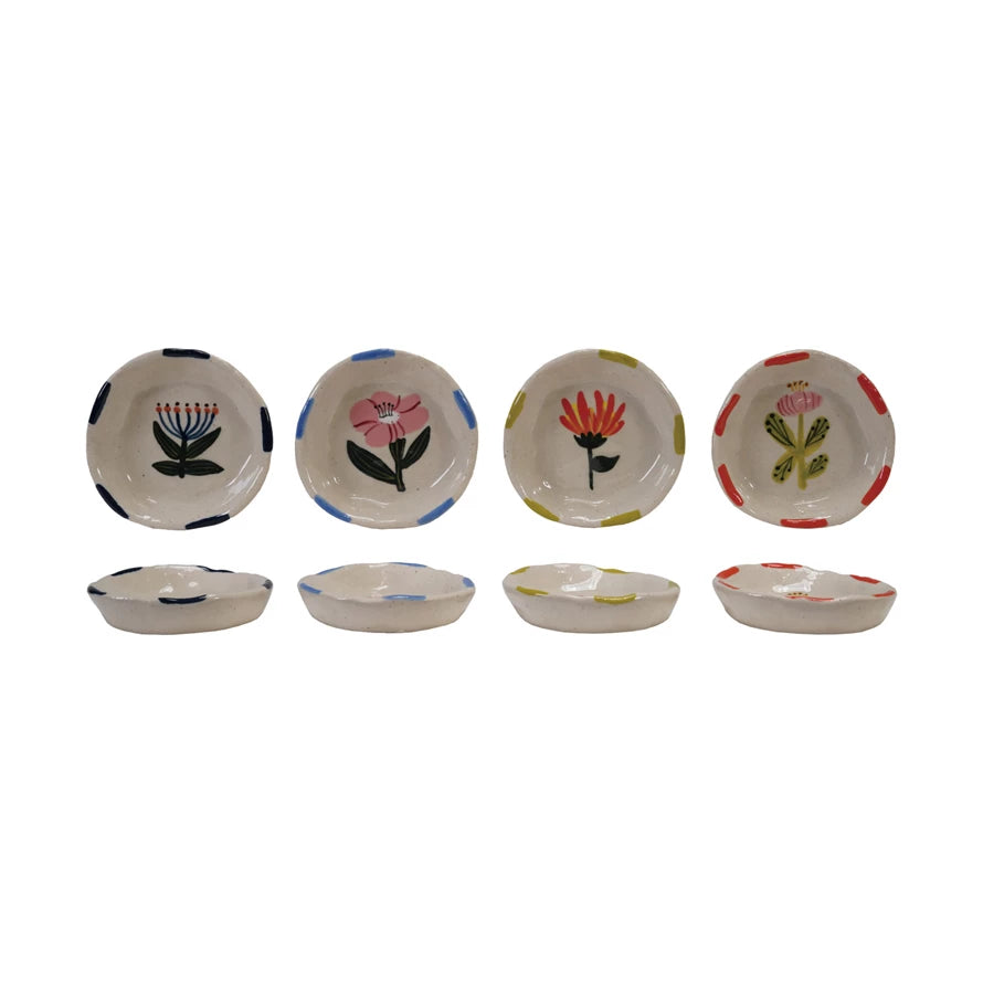 3-1/4" Hand-Painted Stoneware Dish – Organic Shape with Flower Design