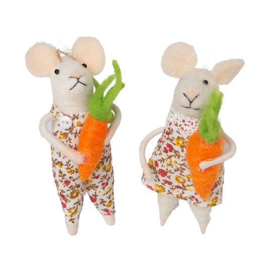 Mice In Pink And White Floral Clothes Ornaments, Carrot Trim