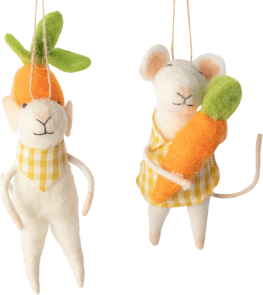 White Felt Mouse Ornament In Check Dress And Carrot Trim