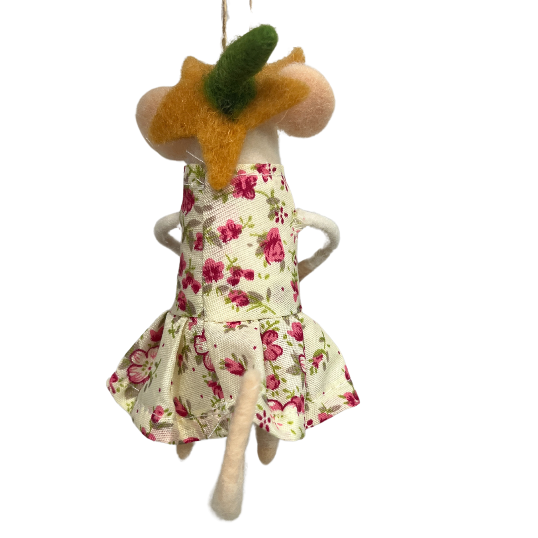 Felt Mouse Ornament In Spring Floral Print Dress And Floral Hat