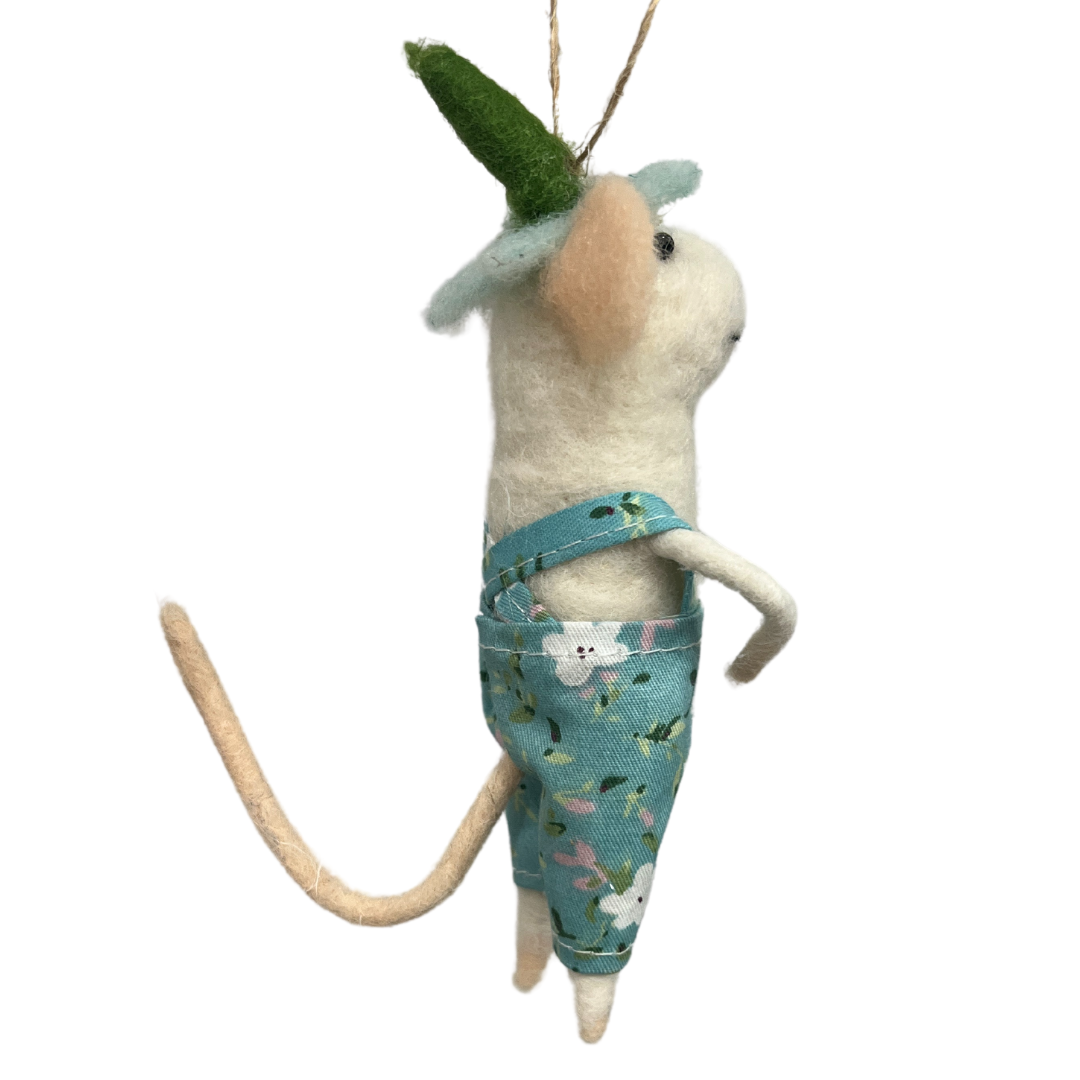 Felt Mouse Ornament In Spring Floral Print Overalls And Floral Hat