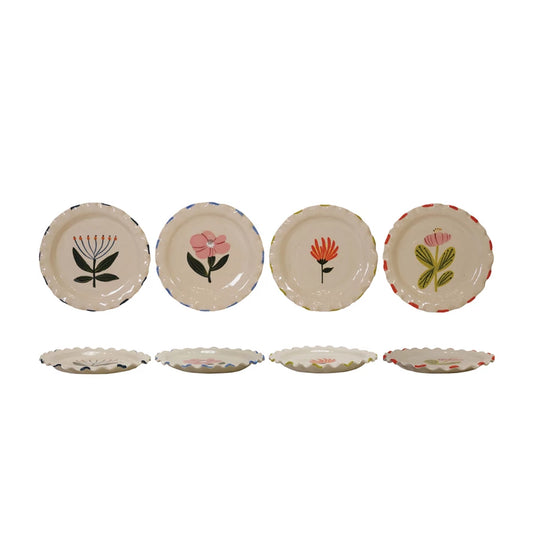 8-1/2" Hand-Painted Stoneware Plate – Flower Design with Ruffled Edge