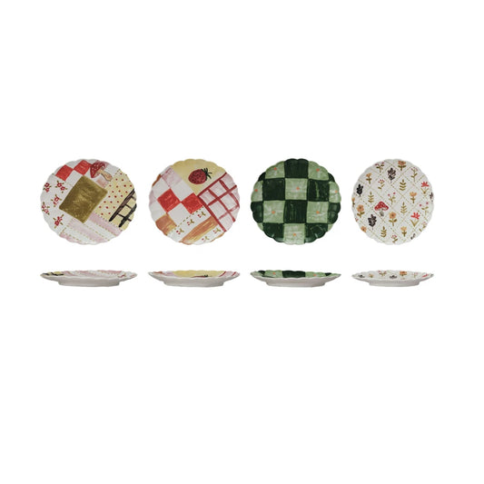 8" Hand-Painted Stoneware Scalloped Plate – Multi-Color Pattern, 4 Styles