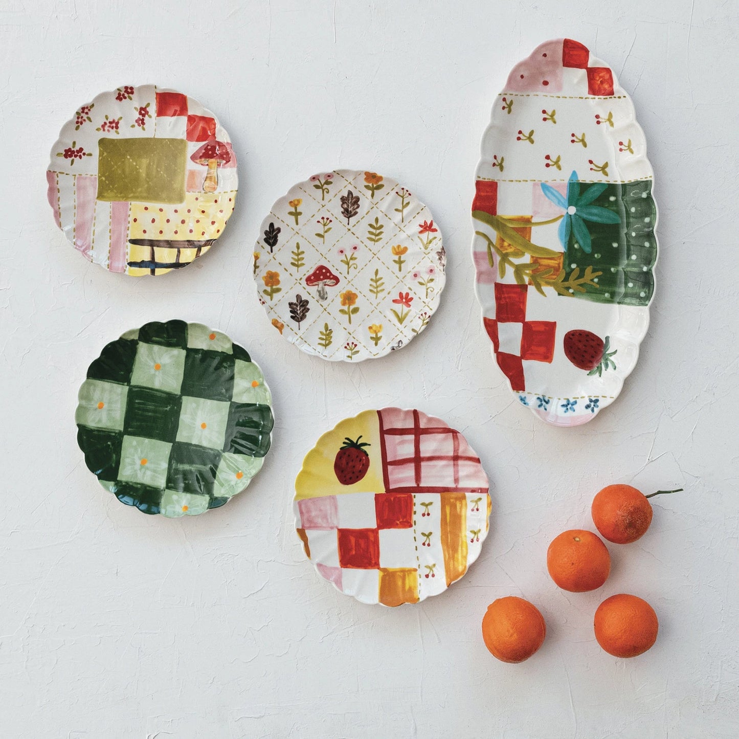 8" Hand-Painted Stoneware Scalloped Plate – Multi-Color Pattern, 4 Styles