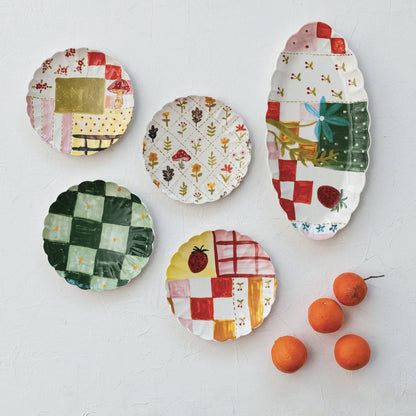8" Hand-Painted Stoneware Scalloped Plate – Multi-Color Pattern, 4 Styles