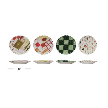 8" Hand-Painted Stoneware Scalloped Plate – Multi-Color Pattern, 4 Styles