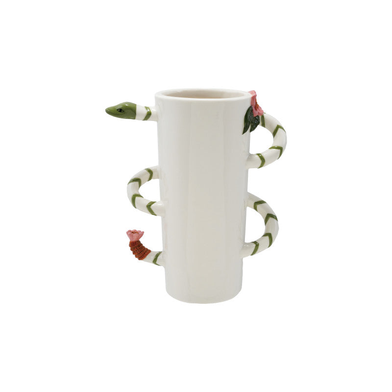 Hand-Painted Stoneware Vase with 3D Snake & Floral Details