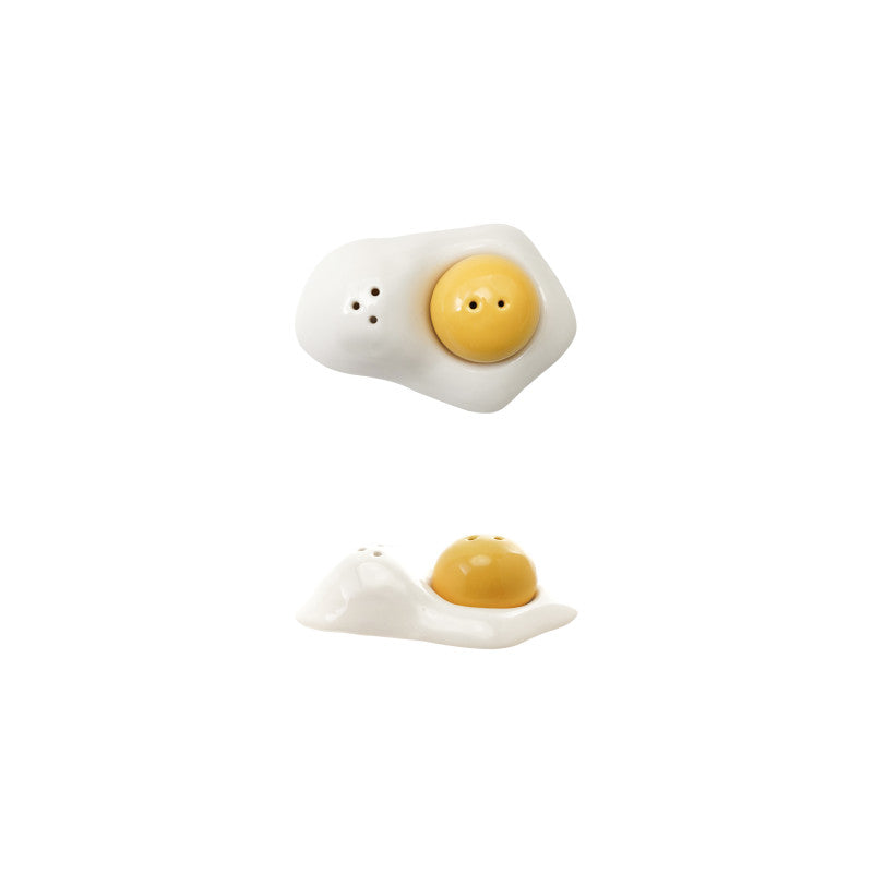 Hand-Painted Stoneware Egg Shaped Salt + Pepper Set – White &amp; Yellow