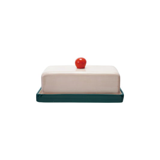 Pink + Green Stoneware Butter Dish With Red Knob