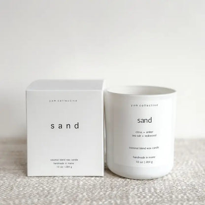 Sand - Amber + Teakwood Matte White Glass Candle