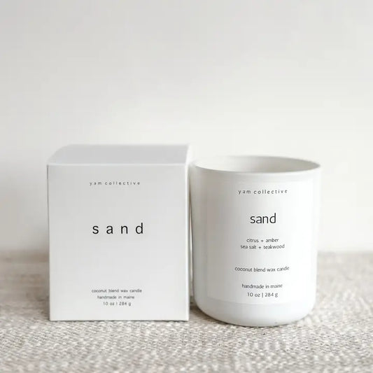 Sand - Amber + Teakwood Matte White Glass Candle