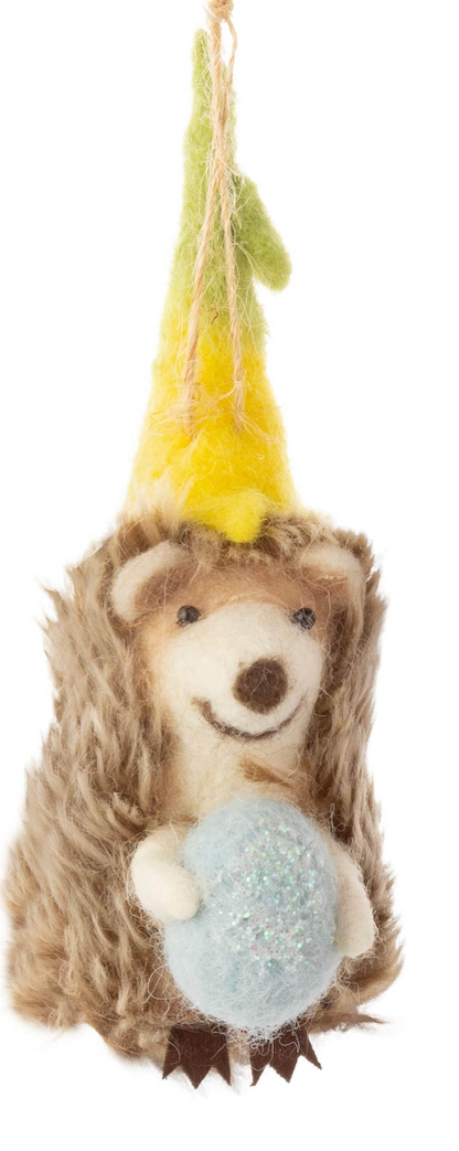 Felt Hedgehog Ornament With Floral Hats And Egg Trim