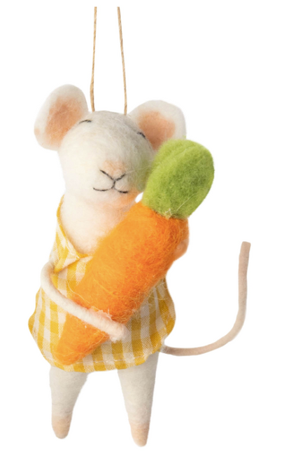 White Felt Mouse Ornament In Check Dress And Carrot Trim