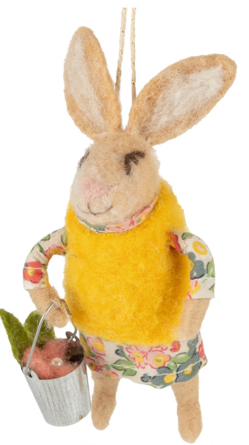 Felt Bunny Ornament, Yellow Vest Holding Silver Bucket And Yellow Pants With Backpack