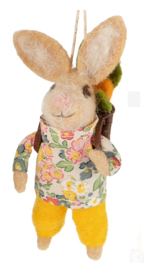 Felt Bunny Ornament, Yellow Vest Holding Silver Bucket And Yellow Pants With Backpack