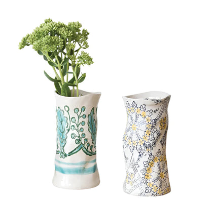 Hand-Painted Sculpted Stoneware Organic Shaped Vase