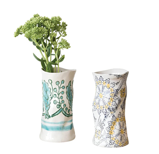 Hand-Painted Sculpted Stoneware Organic Shaped Vase