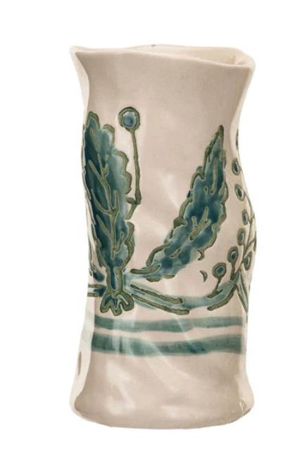 Hand-Painted Sculpted Stoneware Organic Shaped Vase