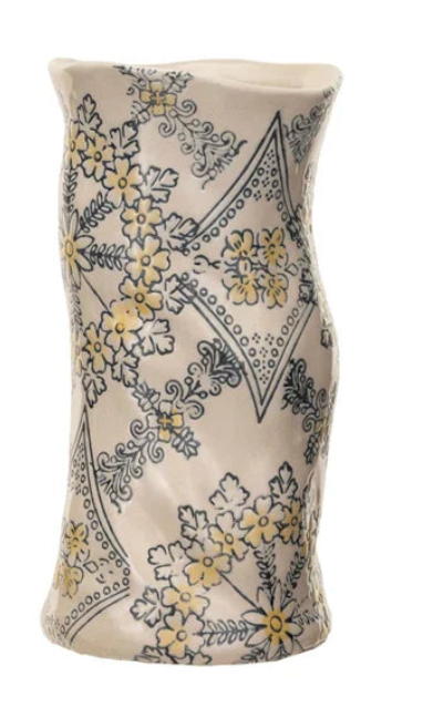 Hand-Painted Sculpted Stoneware Organic Shaped Vase