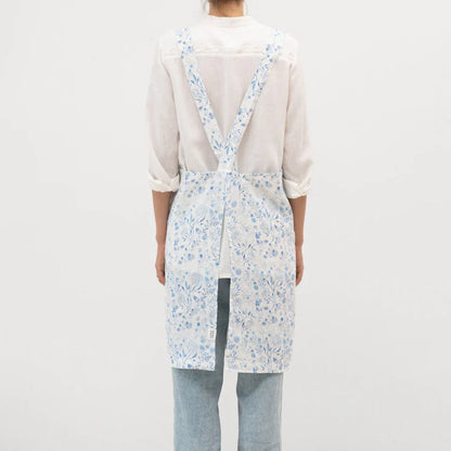 White Botanical Blue Linen Crossback Apron